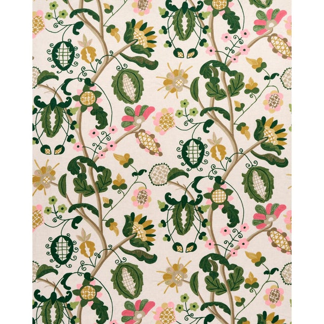 Inspired by a fabric in our archive, Mandevilla Embroidery in pink & green is a large-scale allover tree of life pattern...