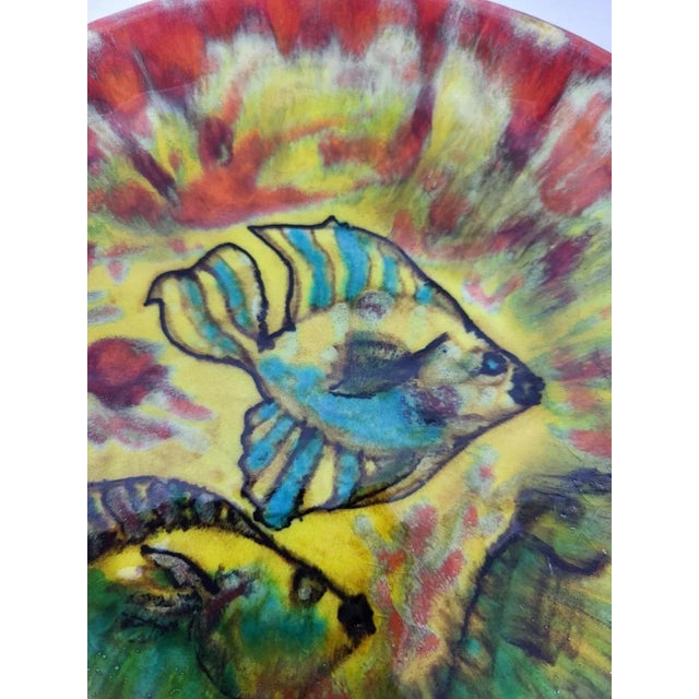 Green Decorative Plate Decorated with Multicolored Fish by Yves Alain Pleuven for Quimper, 1950s For Sale - Image 8 of 10