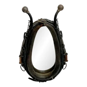 Antique Equestrian Horse Collar Mirror in Distressed Black Leather