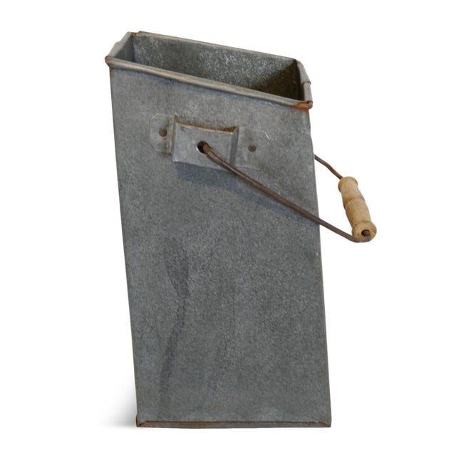 Vintage galvanized tall metal rectangular farm container / flower bucket from India. Original handle with wooden grip....