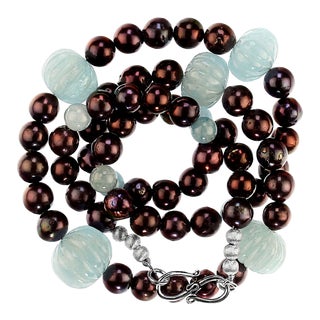 Fluted Aquamarines and Brown Pearls Statement Necklace For Sale