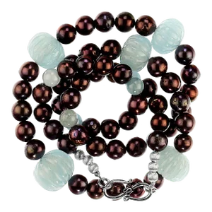 Fluted Aquamarines and Brown Pearls Statement Necklace