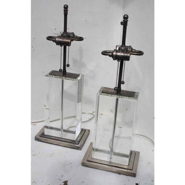 Pair 1970's Italian Modern Solid Glass Block W/ Silver Detailed Heavy Table Lamps For Sale - Image 10 of 10