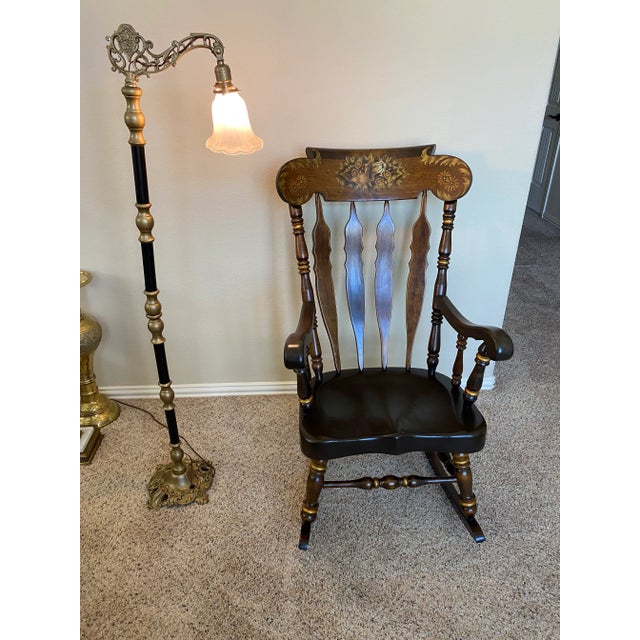 1960s Hand Made Nichols and Stone Solid Maple, Rocking Chair. High Back Floral Motif, Accented Throughout With Gold Tone Rings. For Sale - Image 9 of 12