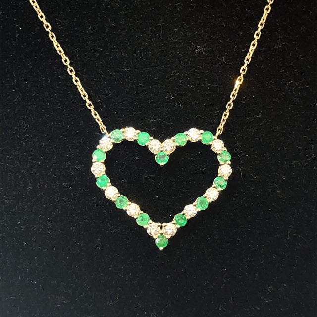 Green 14k Yellow Gold Heart Necklace With Emeralds and Diamonds For Sale - Image 8 of 10