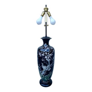 Late 19th Century Huge Meiji Japanese Cloisonné Black Ground Bird & Blossom Tall Table Lamp 40" For Sale