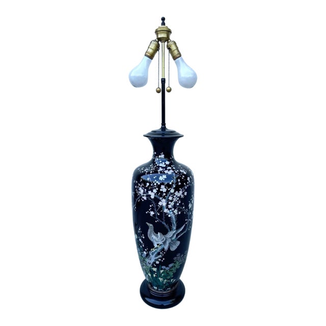 Late 19th Century Huge Meiji Japanese Cloisonné Black Ground Bird & Blossom Tall Table Lamp 40" For Sale