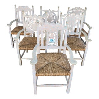 Set of 6 Vintage Carved Nautical and Celestial Armchairs With Rush Seats For Sale