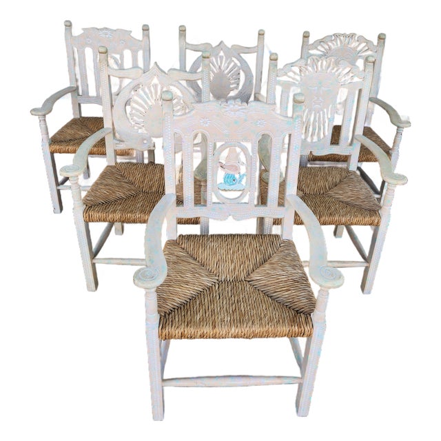 Set of 6 Vintage Carved Nautical and Celestial Armchairs With Rush Seats For Sale