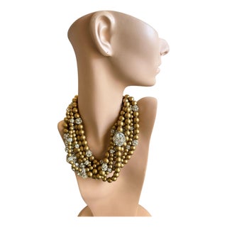 Vintage Multi-Strand Beaded Necklace Chunky Statement Cocktail Gold Rhinestone For Sale