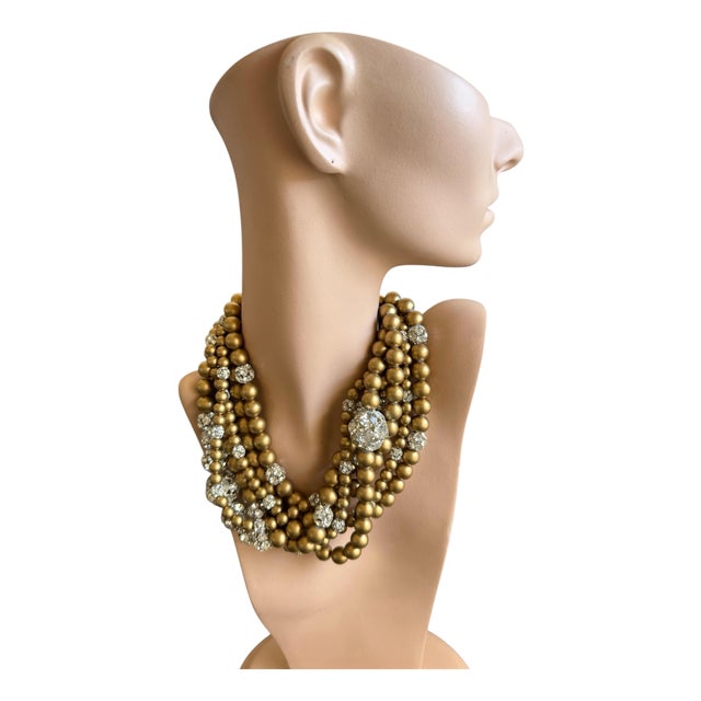 Vintage Multi-Strand Beaded Necklace Chunky Statement Cocktail Gold Rhinestone For Sale