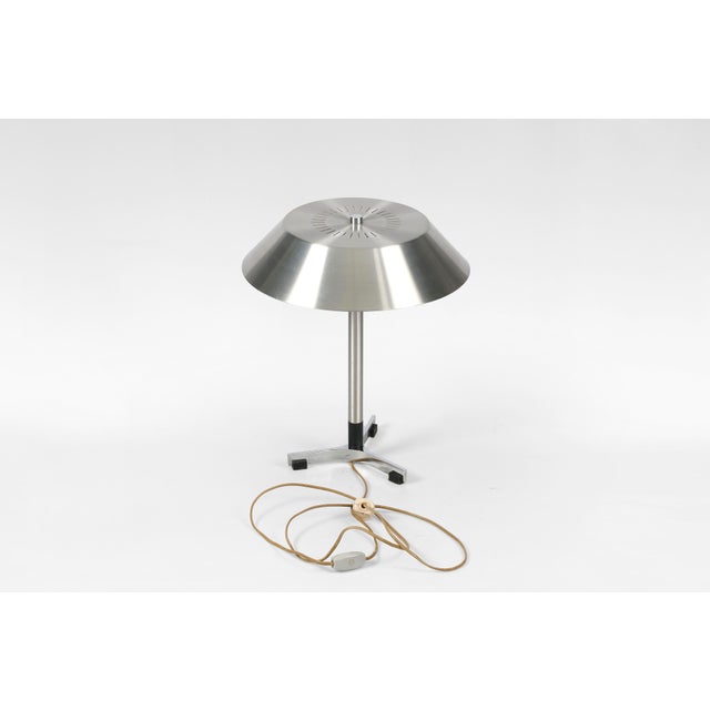 Vintage President table lamp designed by Jo Hammerborg for Fog & Mørup, Denmark, 1960s. Crafted in aluminium with a...