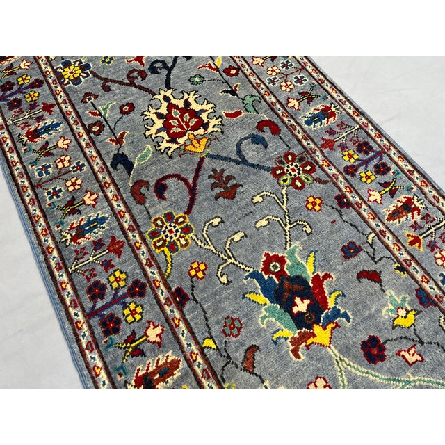 2000 - 2009 Blue Gray and Red Floral Wool Runner Rug, Persian Style, 2'9" X 9'7" For Sale - Image 5 of 17