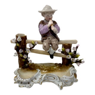 Sitzendorf German Porcelain Spill Vase Figurine – Boy Playing Flute on Fence For Sale
