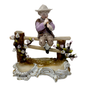 Sitzendorf German Porcelain Spill Vase Figurine – Boy Playing Flute on Fence