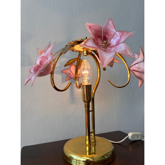 Vintage Pink Murano Glass Floral Table Lamp – Authentic Italian Curved Flower Desk Lamp With Brass Frame - a Pair For Sale - Image 9 of 18
