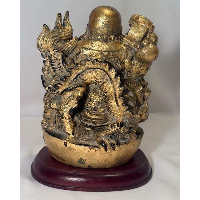 Wood Late 20th Century Chinoiserie Gilded "Faux Bronze" Laughing Buddha Statue on Wooden Base For Sale - Image 7 of 11