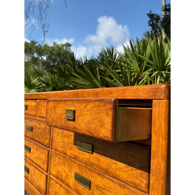 Stanley Furniture Vintage Stanley Furniture Mid-Century Modern Oak Lowboy Dresser With Brass Hardware For Sale - Image 4 of 9