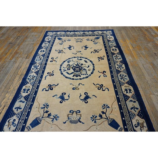Textile 1890s Beige Classic Greek Key Vase Antique Chinese Peking Small Knotted Wool Rug For Sale - Image 7 of 8