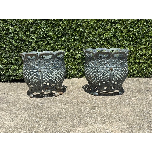 Matching Pair of Antique Victorian Cast Iron Reticulated/Lacework Planters For Sale - Image 11 of 18