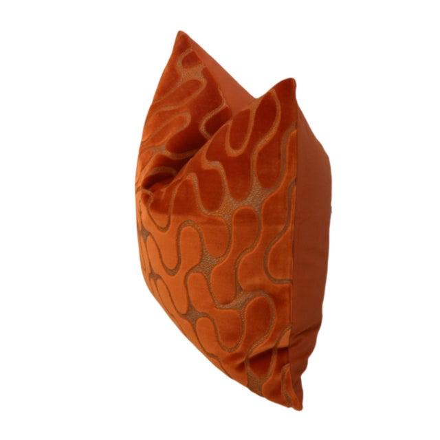 2020s Mid-Century Modern Abstract Style Orange Velvet Feather/Down Pillow For Sale - Image 5 of 6