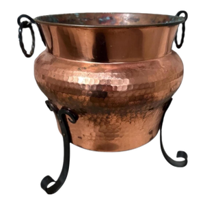 Hand-Hammered French Copper Cauldron Planter on Wrought Iron Stand, C. Mid-20th Century From France