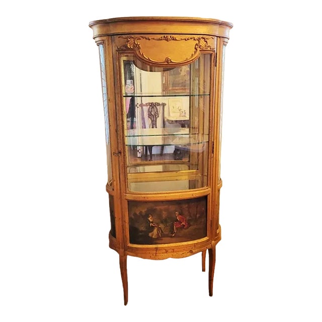 19th C Louis XVI Gold Gilt Display Cabinet With Curved Glass For Sale