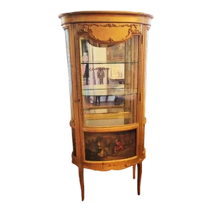 19th C Louis XVI Gold Gilt Display Cabinet With Curved Glass