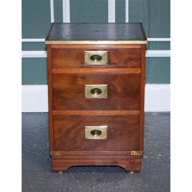 Military Campaign Yew Wood Bedside Table with Green Leather Top For Sale - Image 5 of 14