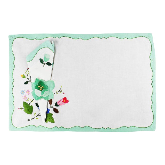 Green Floral Fabric Placemats and Napkins - Set of 6 For Sale