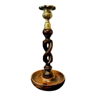 Antique English Oak Barley Twist Candlestick With Brass Bobeche | Victorian–Edwardian Candle Holder | English Country Decor For Sale
