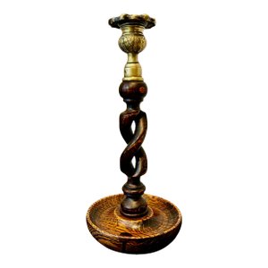 Antique English Oak Barley Twist Candlestick With Brass Bobeche | Victorian–Edwardian Candle Holder | English Country Decor