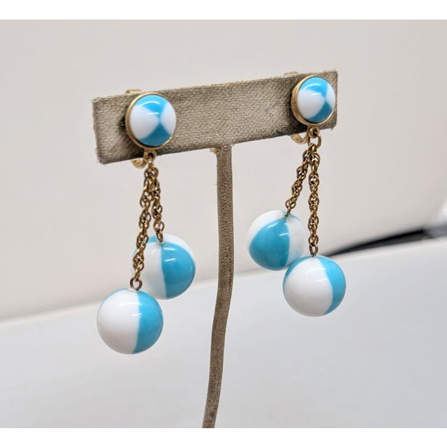 1950s Vintage 1950s Signed Crown Trifari White & Turquoise Checked Drop Clip Earrings-2 Pieces For Sale - Image 5 of 10
