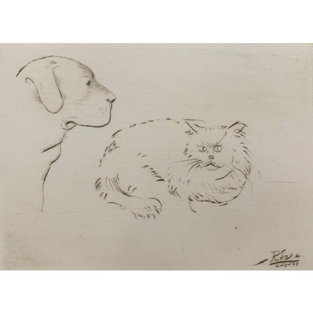1980s Leszek Rózga, Dog with a Cat, 1988, Drypoint on Paper For Sale - Image 5 of 5