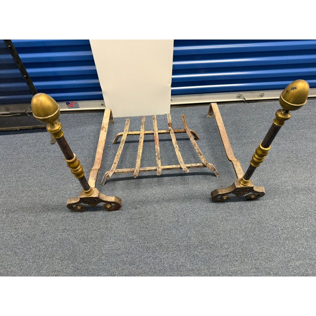 Antique Brass & Iron Andirons With Fire Grate – Decorative Fireplace Set For Sale - Image 4 of 7