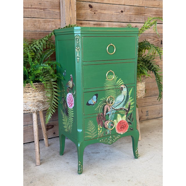 Custom Painted Tropical Parrot Decoupage Lingerie Chest or Tall Nightstand For Sale - Image 12 of 12