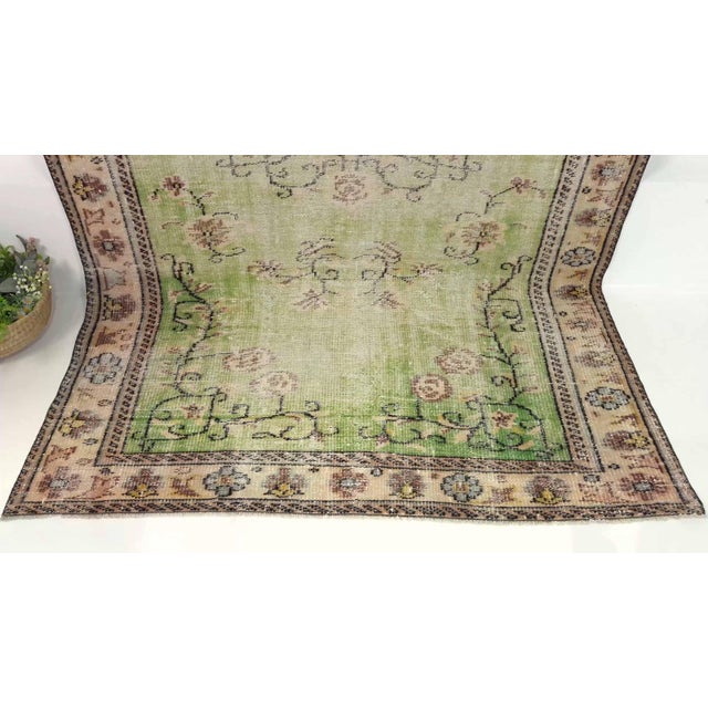 1970s Vintage Turkish Handmade Wool Cotton Green Area Rug For Sale - Image 4 of 13