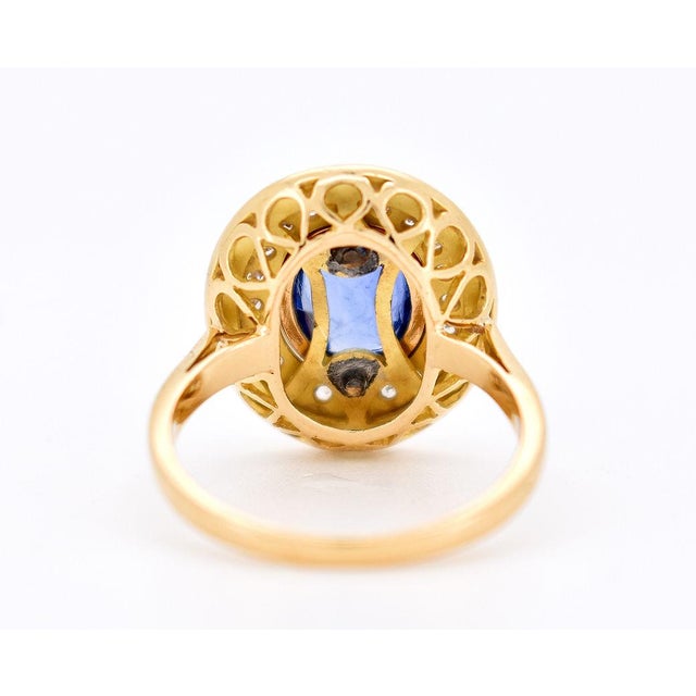 Gold 1960s Halo Ring in Gold, Ceylon Sapphire, Diamonds, and Enamel, Size 7.5 For Sale - Image 8 of 9