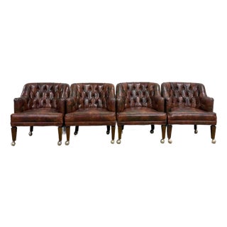 Vintage Faux Leather Tufted Chesterfield Rolling Club Arm Chairs For Sale