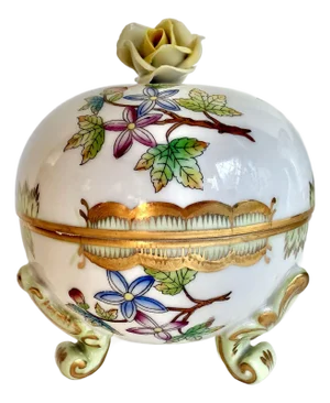 Herend Queen Victoria Butterfly Floral Lidded Bonbonniere Trinket Box With Yellow Rose