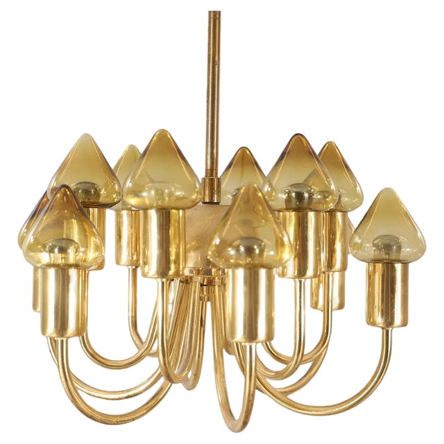 Mid-Century Modern Brass and Glass Model T 789/12 Chandelier from Hans-Agne Jakobsson Ab Markaryd For Sale