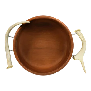 Mid-Century Organic Rustic Handmade Wood Carved Solid Wood Round Bowl With Natural Antler Handles