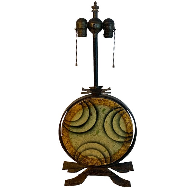 Early 20th Century Art Deco Polychromed Lacquered & Iron Lamp, Labelled Beardsley Studios For Sale - Image 9 of 9