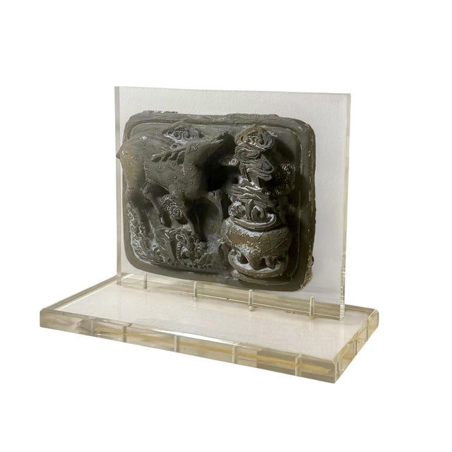 Stone Early 18th Century Chinese Stone Relief Carvings on Custom Lucite Stands - A Pair For Sale - Image 7 of 17