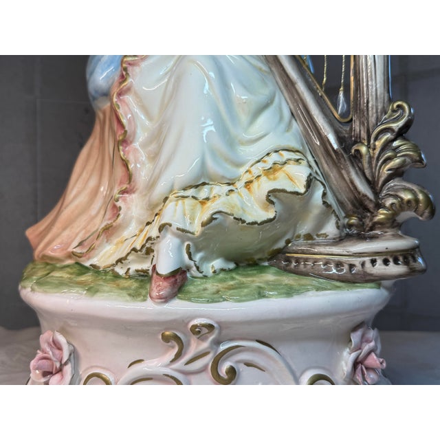 Metal 1940s Capodimonte Porcelain Table Lamp Lady Playing Harp 40 in Tall. For Sale - Image 7 of 12