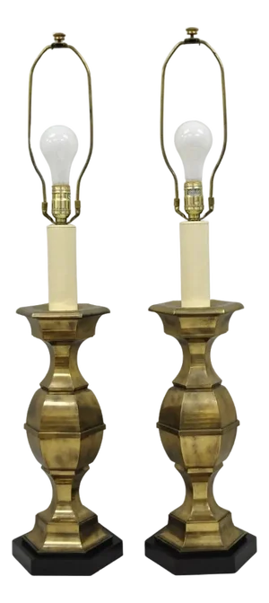 Vintage Hollywood Regency Burnished Brass Candlestick Table Lamps - A Pair