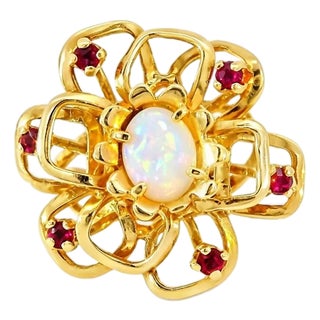 Late 19th Century 14K Yellow Gold Opal Ruby Filigree Flower Opal Ring, Size 6.5 For Sale