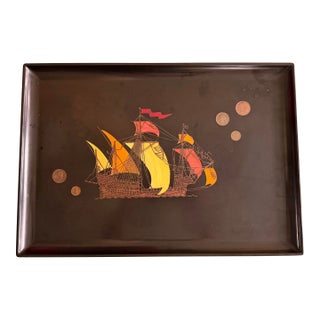 Vintage Mid-Century Modern Couroc of Monterey Sailing Ship W/Inlaid Coins Bar Serving Tray For Sale