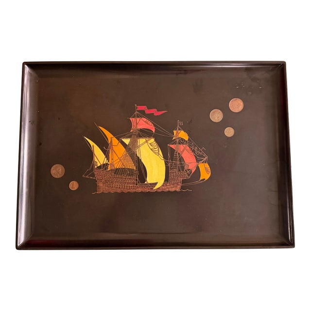 Vintage Mid-Century Modern Couroc of Monterey Sailing Ship W/Inlaid Coins Bar Serving Tray For Sale