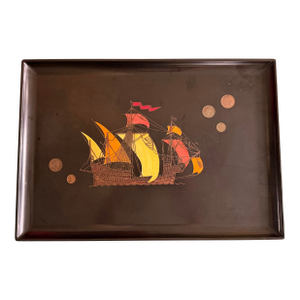 Vintage Mid-Century Modern Couroc of Monterey Sailing Ship W/Inlaid Coins Bar Serving Tray